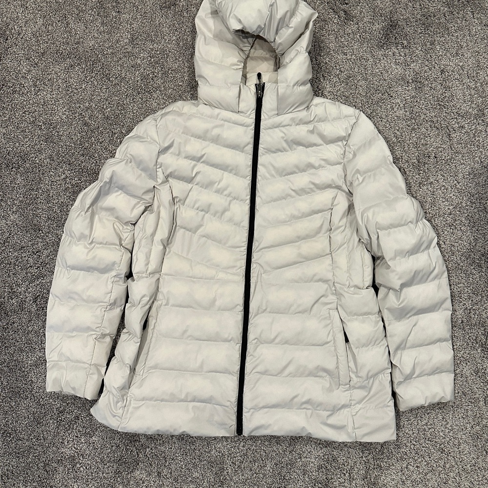 White Puffer Jacket with Chevron Quilting and Hood